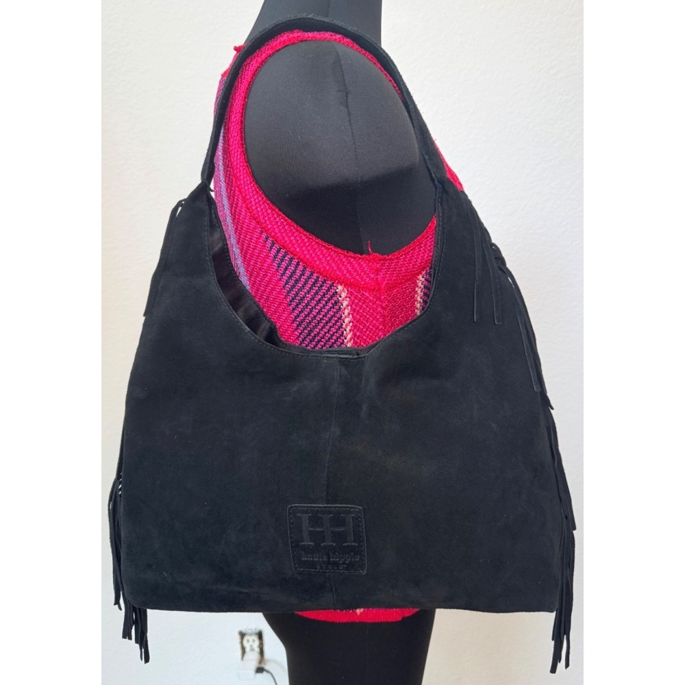 Haute Hippie Style Fringe Suede Hobo Bag Black